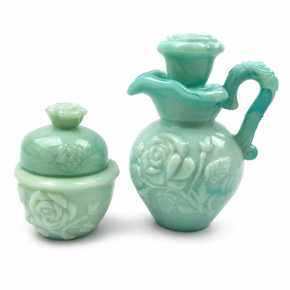 Vintage Avon Moonwind Powder Sachet Pot & Pitcher Decanter Blue Green Milk